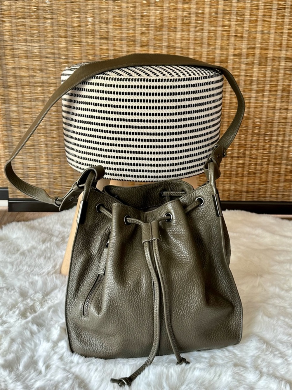 Time’s Arrow Lida Olive Green Militaire Leather Mini Drawstring Bucket Bag Purse